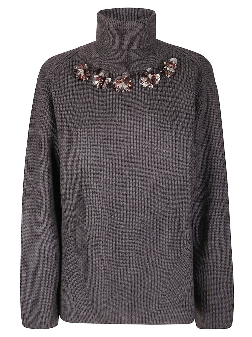 P.A.R.O.S.H. Medium Knit Wool Sweater With Floral Embellishments