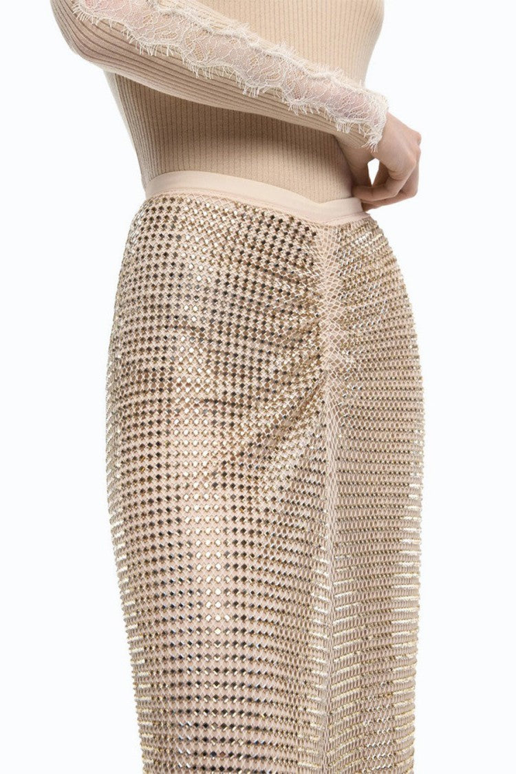 Pinko Gold Polyamide-Elastane Blend Embellished Skirt
