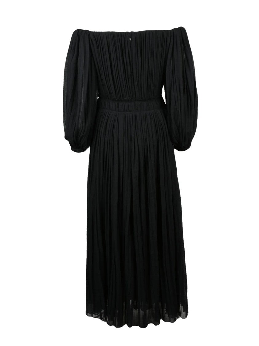 Chloé Gathered Black Virgin Wool Long Dress With Puff Sleeves