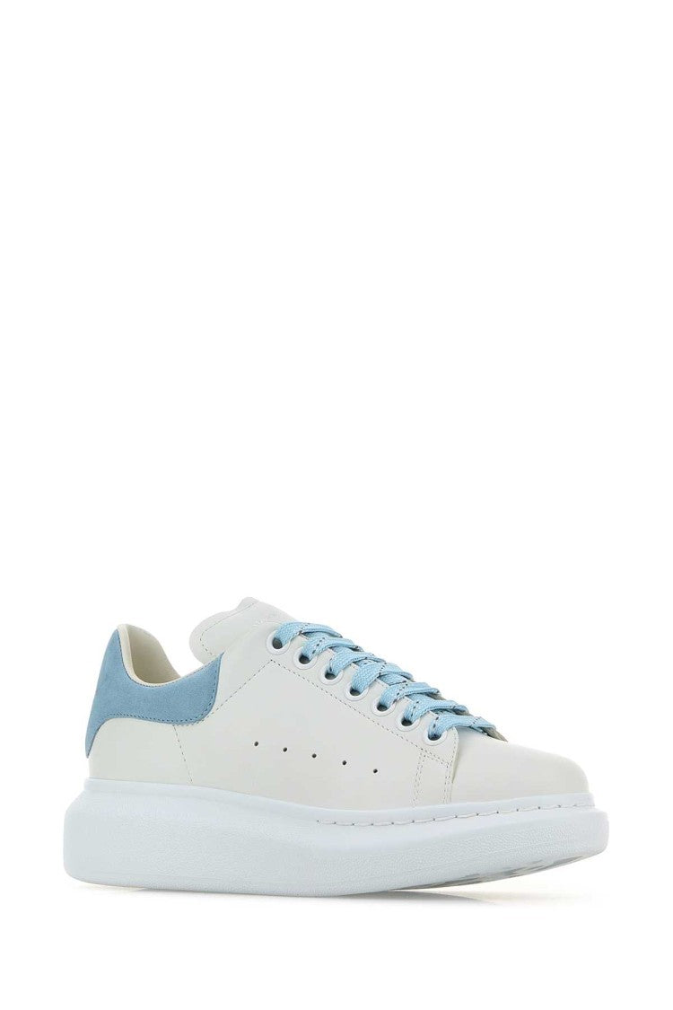 Alexander Mcqueen White Leather Sneakers With Pastel Light Blue Suede Heel