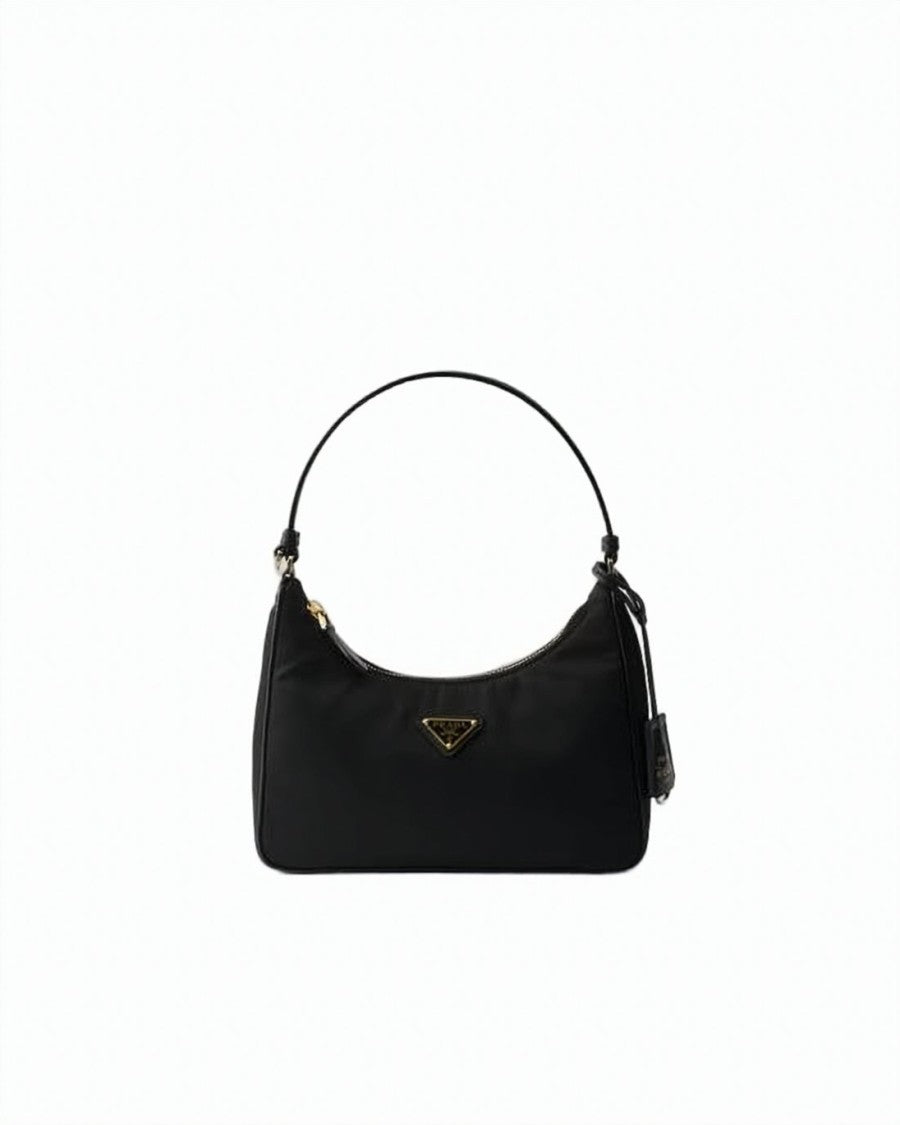 Prada Compact Black Polyamide Shoulder Bag With Leather Strap And Gold-Tone Hardware