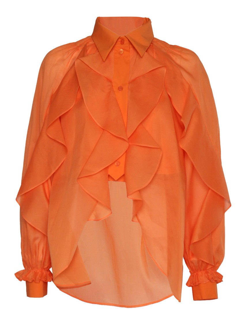 Alberta Ferretti Ruffled Orange Cotton Shirt With Billowy Sleeves