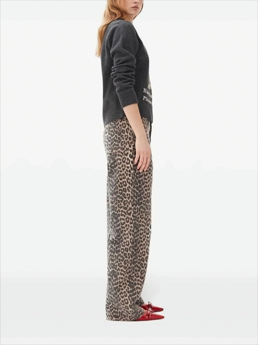 Ganni Wide-Leg Leopard Print Organic Cotton Pants