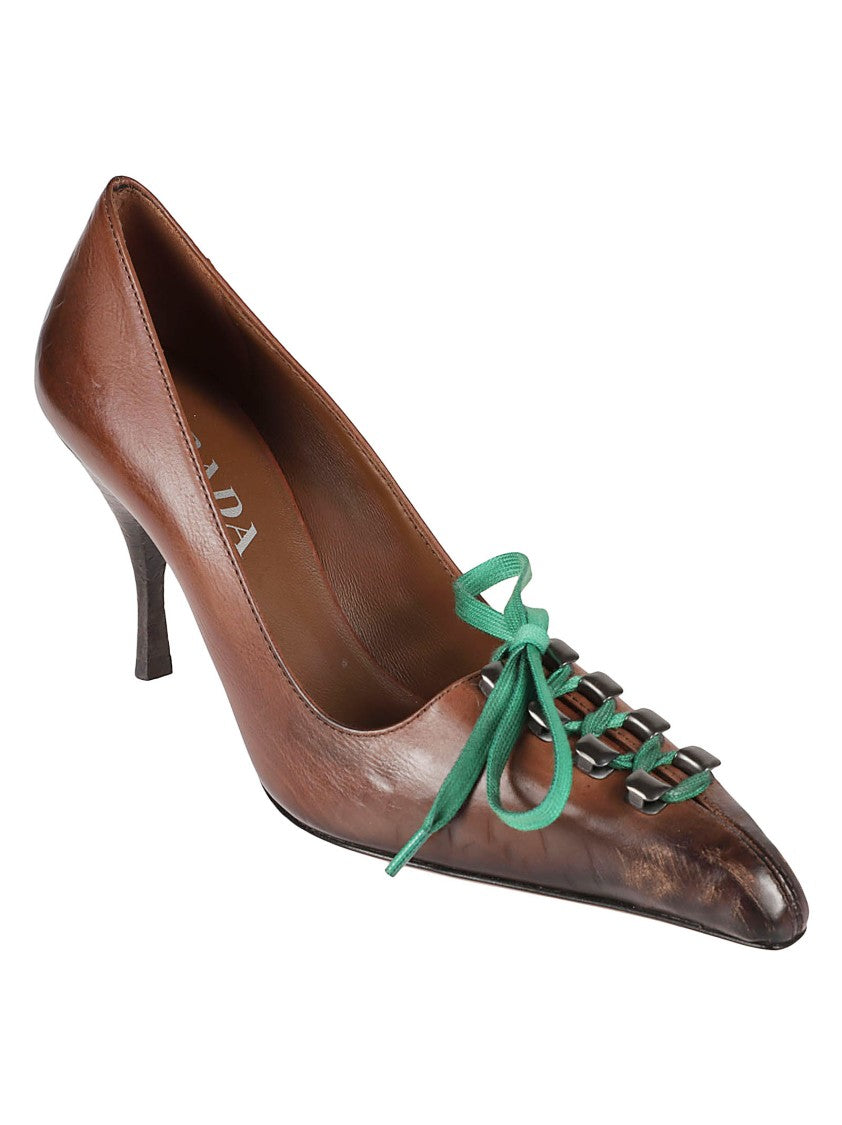 Prada Pointed-Toe Brown Leather Pumps With Green Lace-Up Detail