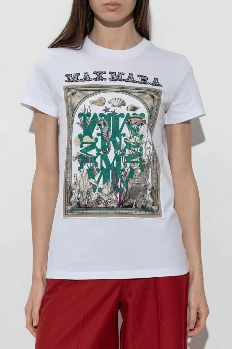 Max Mara Classic Crew Neck White T-Shirt With Botanical Graphic Print