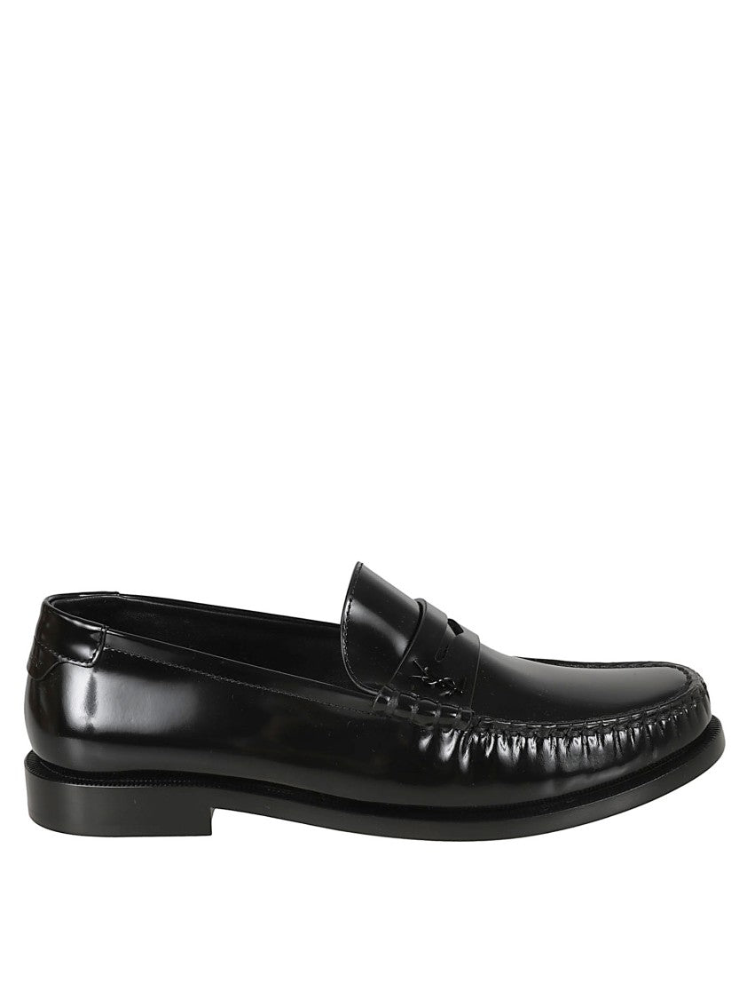 Saint Laurent Diamond-Cut Black Leather Loafers With Subtle Logo Plaque