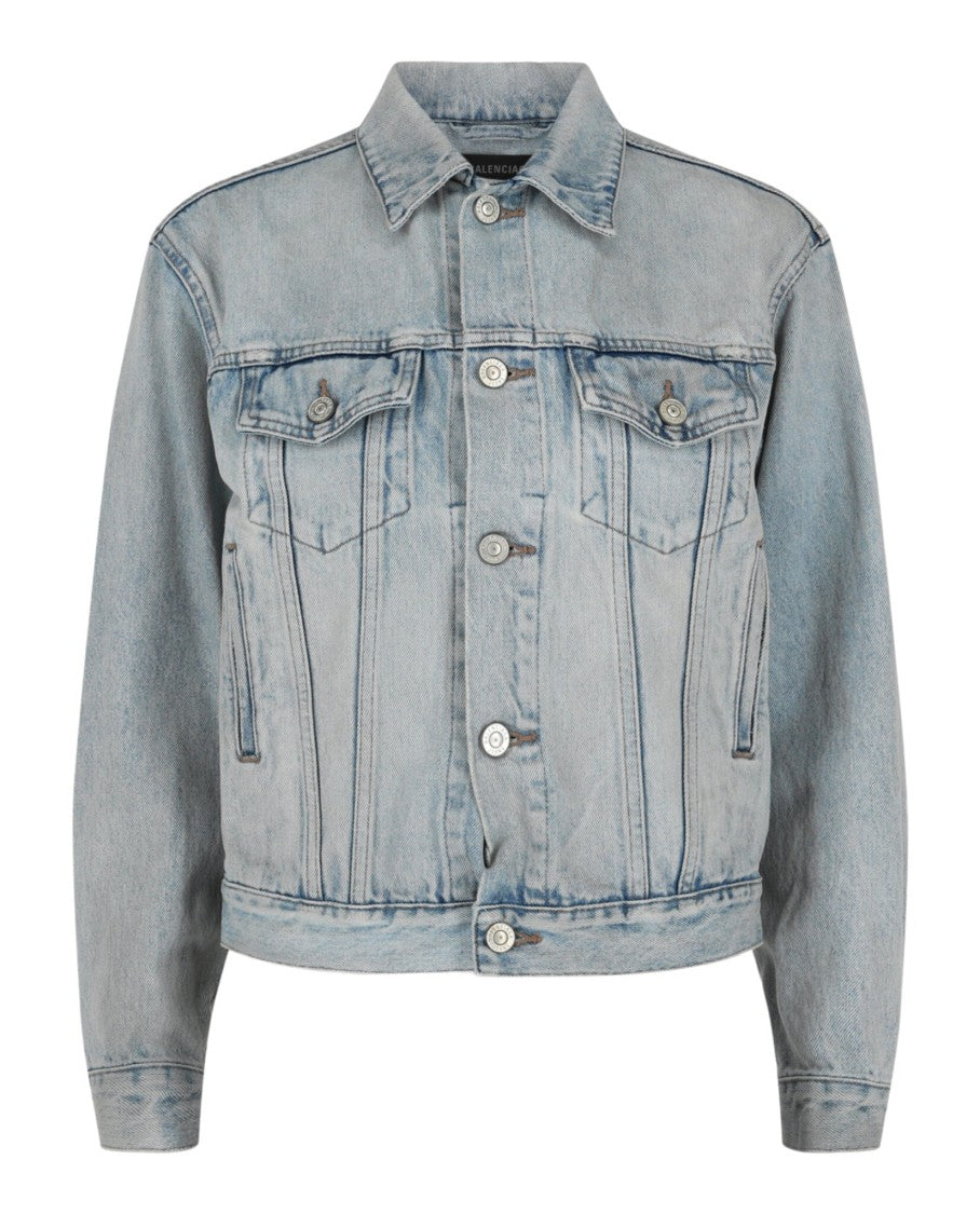 Balenciaga Fitted Shrunken Denim Jacket With Strass Logo Detail