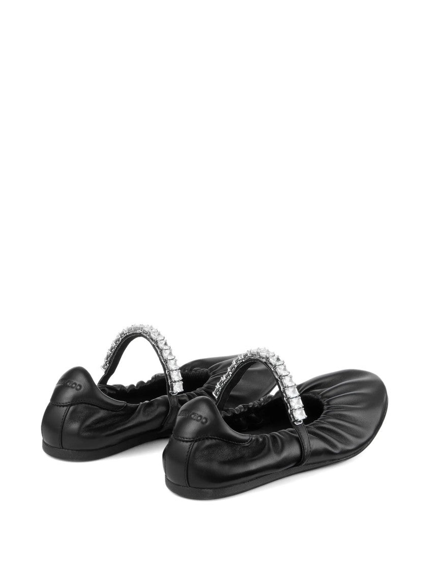 Jimmy Choo Soft Ruched Nappa Leather Ballerina Flats With Crystal Strap