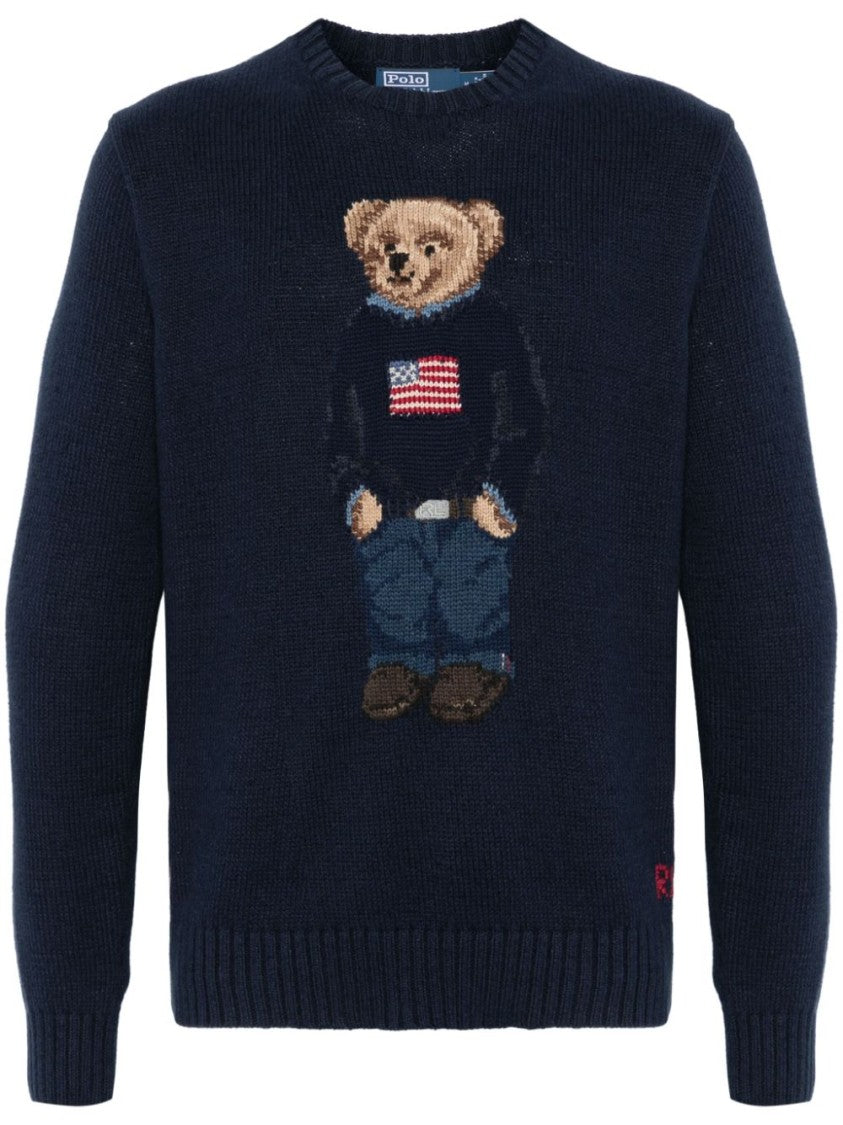 Polo Ralph Lauren Knitted Navy Blue Pullover Sweater With Bear Motif