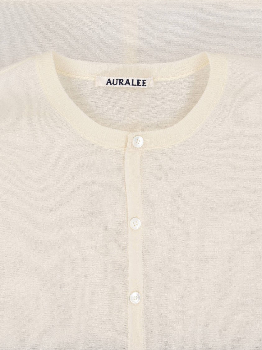 Auralee Silk Cardigan With Semi-Transparent Design And Button Closure