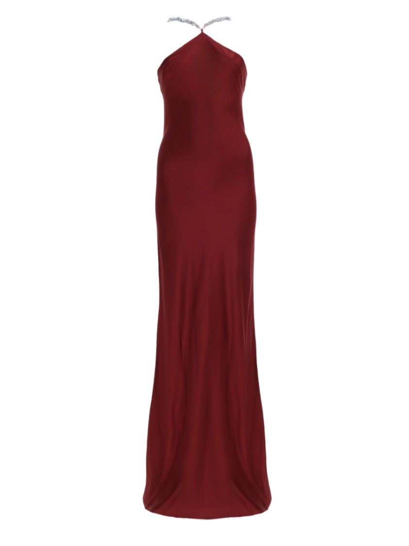 Staud Floor-Length Burgundy Dress With Halter Neckline And Chain Straps