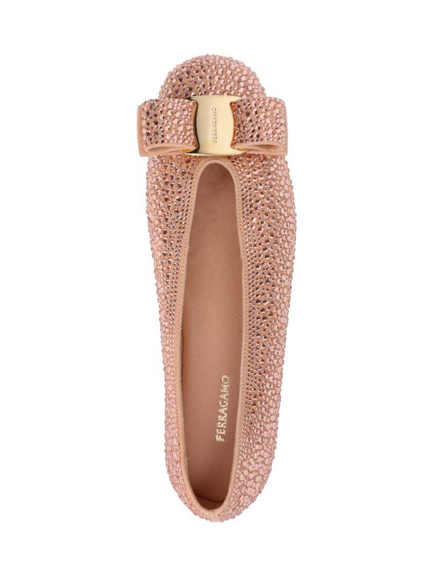 Ferragamo Pointed Toe Pink Flats With Sparkling Embellishments