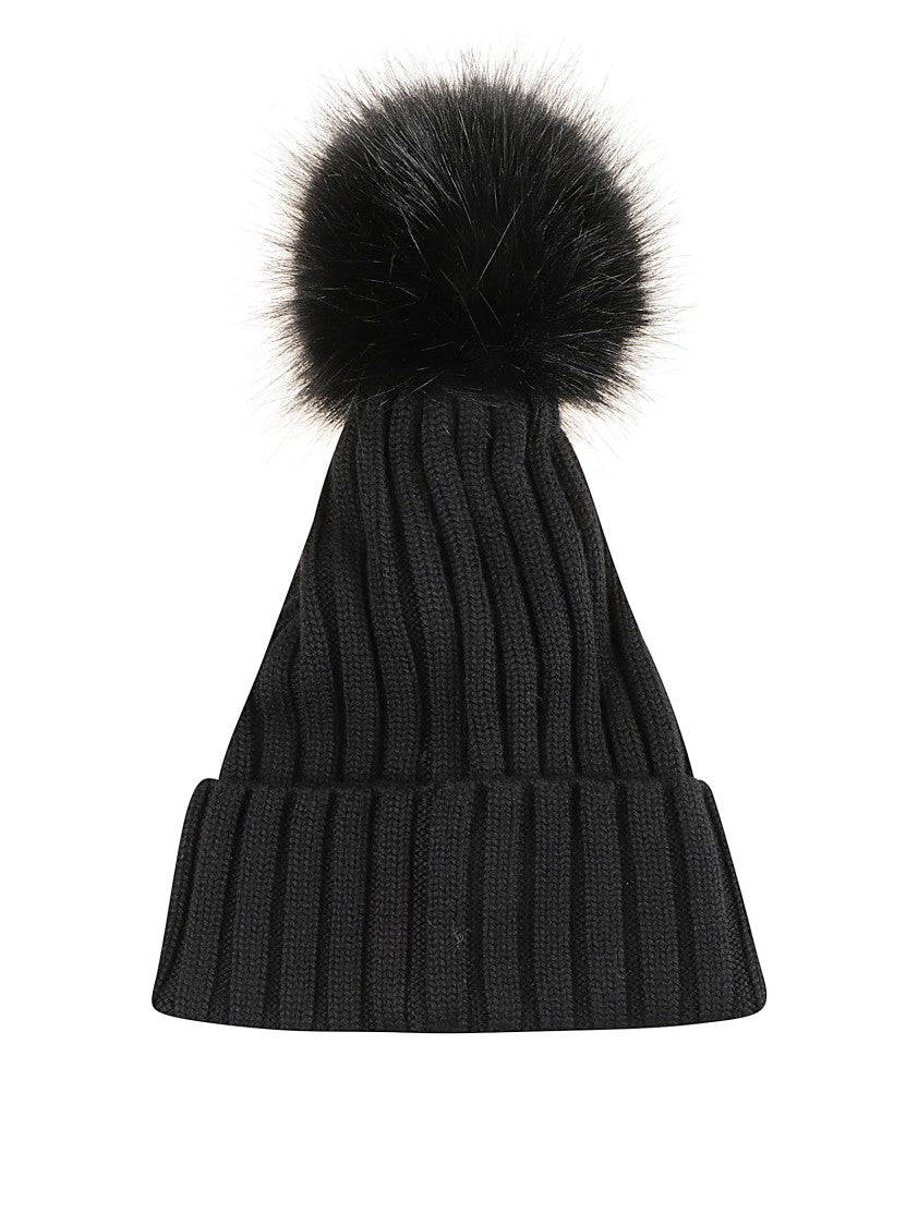 Moncler Ribbed Knit Hat With Faux Fur Pompom