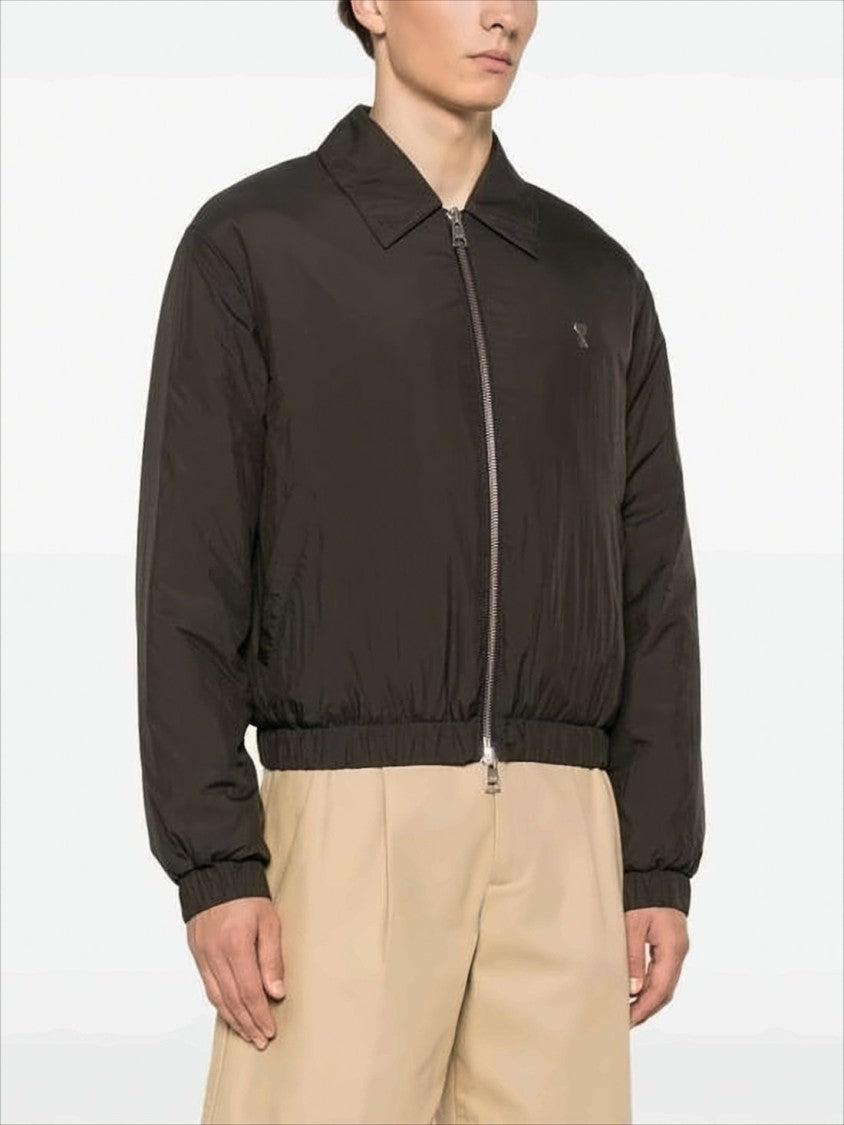 Ami Paris Cropped Black Bomber Jacket With Classic Collar And Logo Detail