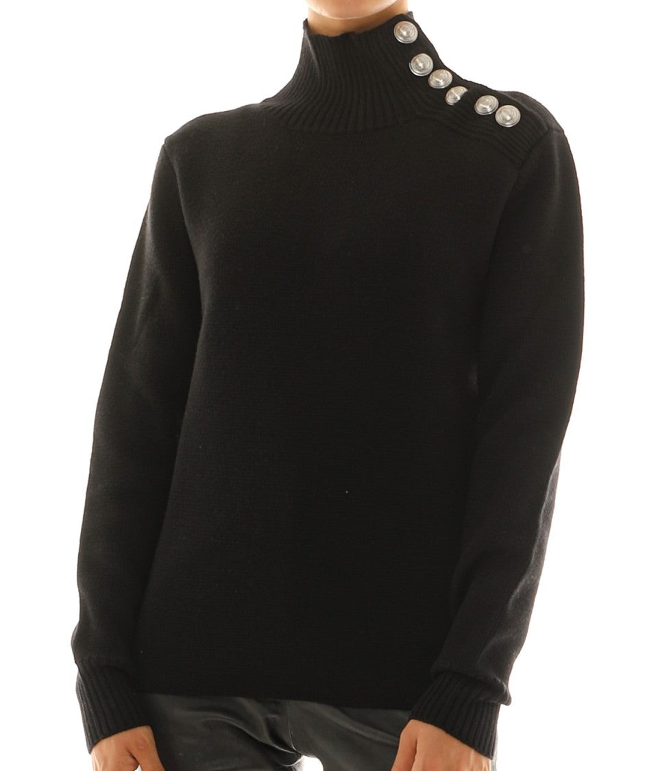 Rabanne Black Virgin Wool Turtleneck Sweater With Silver Buttons