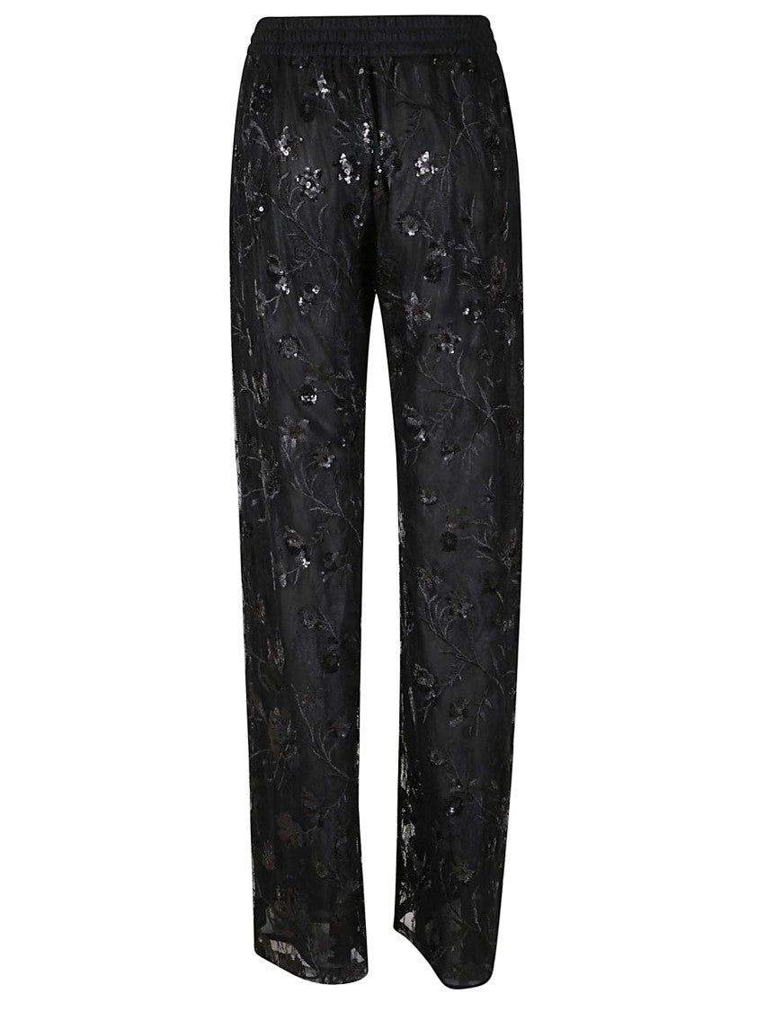 Ermanno Firenze Sheer Black Trousers With Intricate Floral Embroidery
