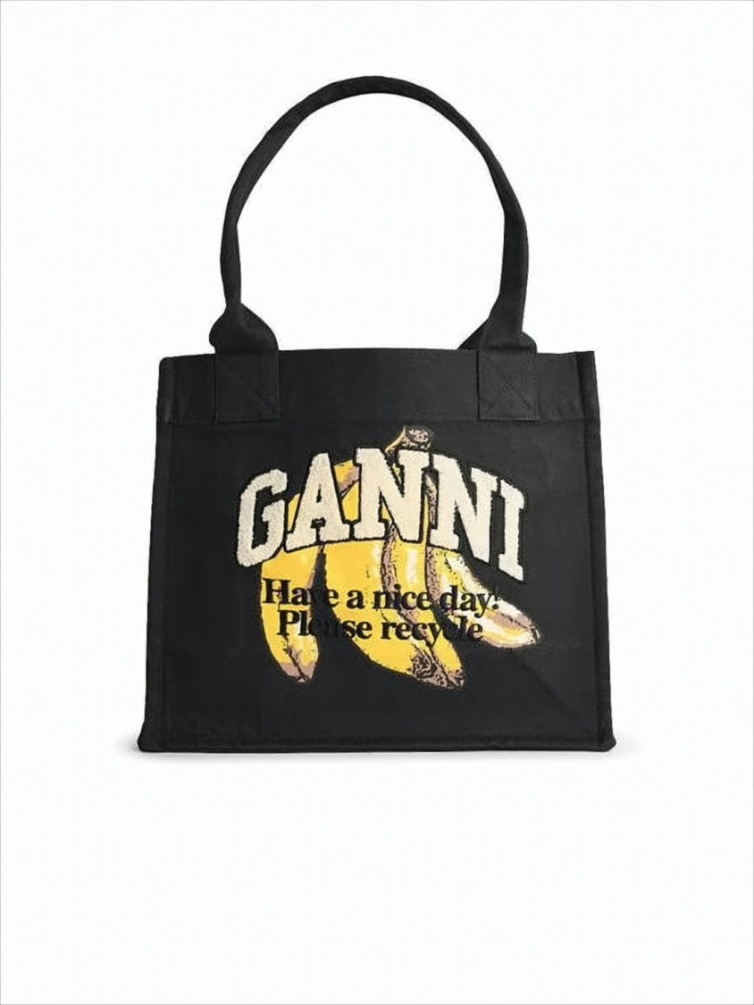 Ganni Rectangular Black Tote Bag With Bold Graphic Print