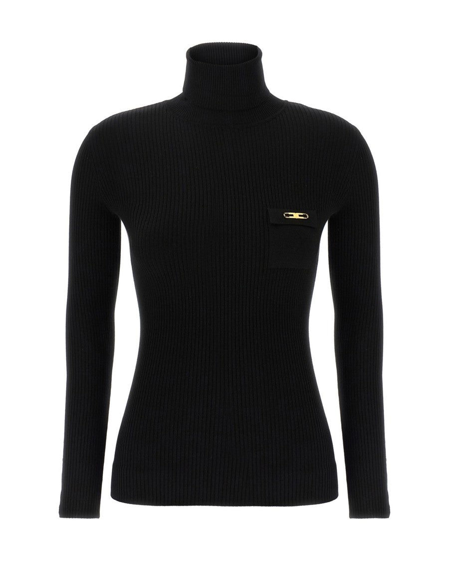 Elisabetta Franchi Black Ribbed Sweater With Pocket