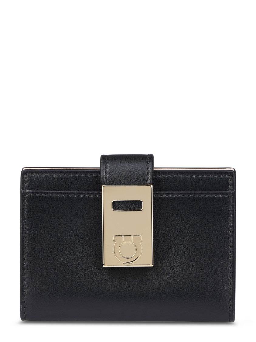 Ferragamo Compact Black Wallet With Gold-Tone Clasp
