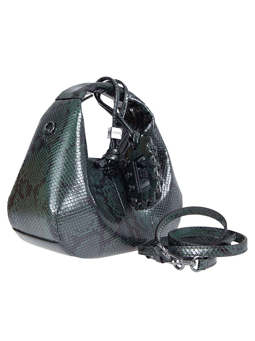 Ganni Compact Textured Bag With Glossy Snake Finish And Signature Logo