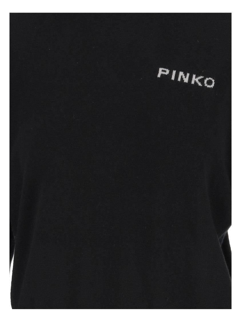 Pinko Cropped Knit Sweater With Graphic Back And Ribbed Detailing