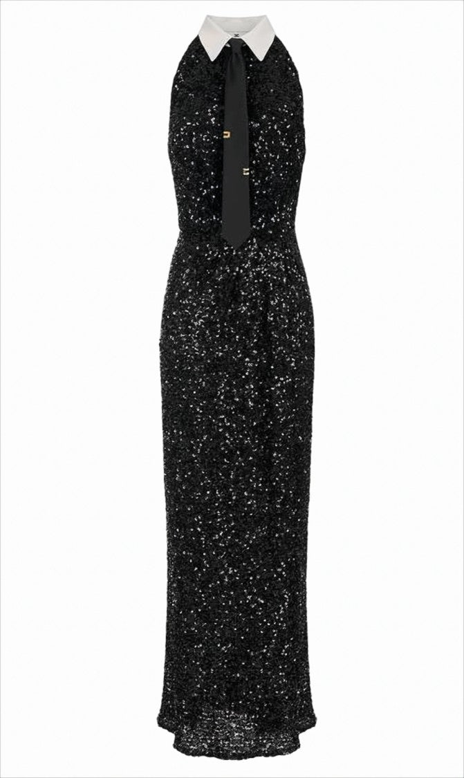 Elisabetta Franchi Full Sequined Evening Dress With Shirt Collar