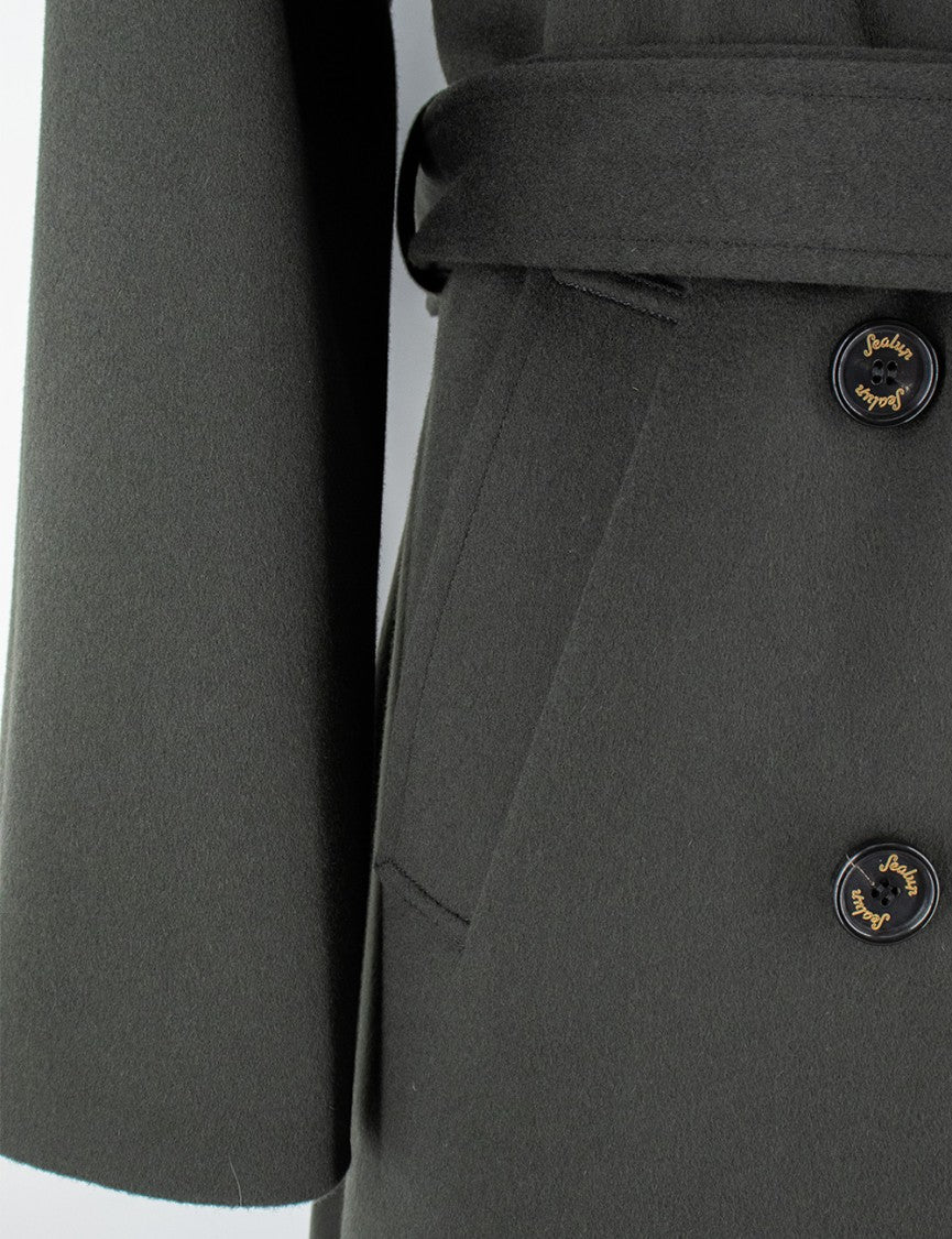Sealup Dark Green Long Coat With Double-Breasted Design