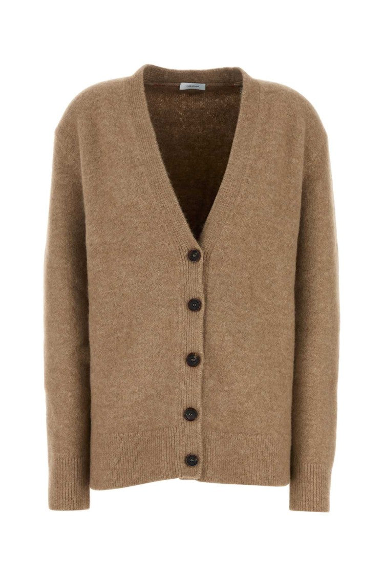 Salvatore Ferragamo Camel Stretch Alpaca Blend Oversize Cardigan