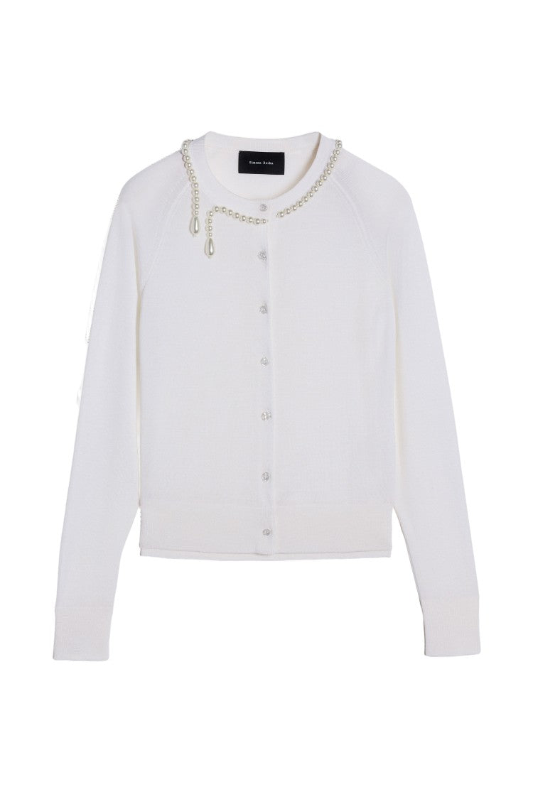 Simone Rocha Merino Silk Cardigan With Embroidered Pearl Neckline