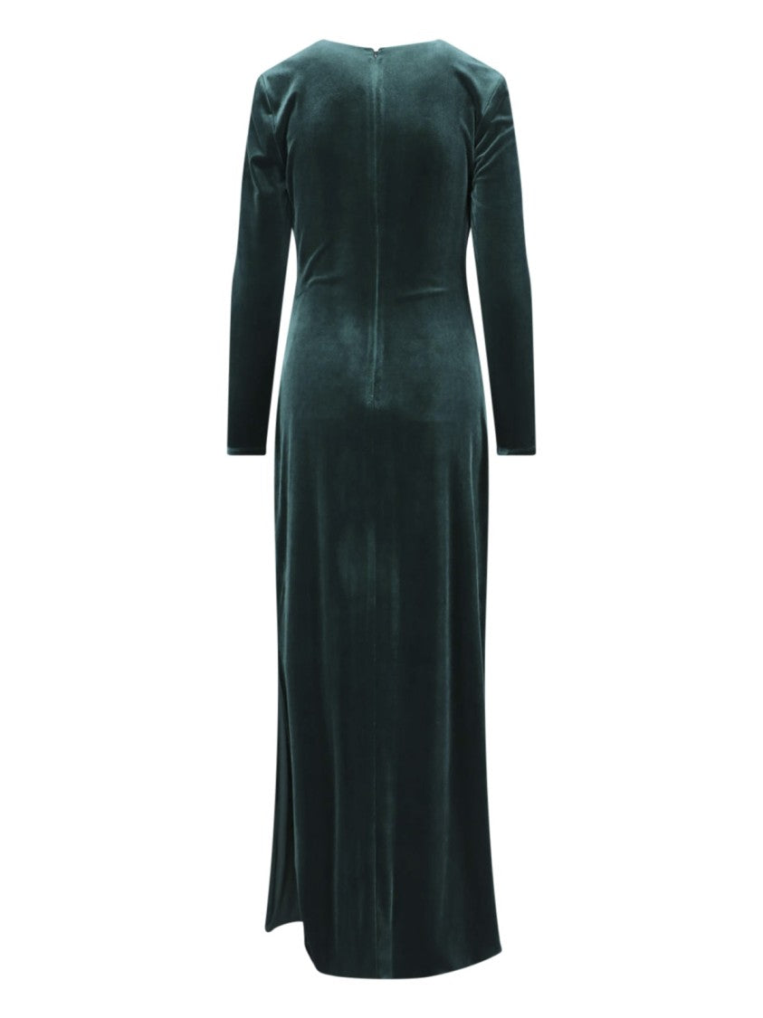 Polo Ralph Lauren Green Asymmetrical Ruched Velvet Maxi Dress