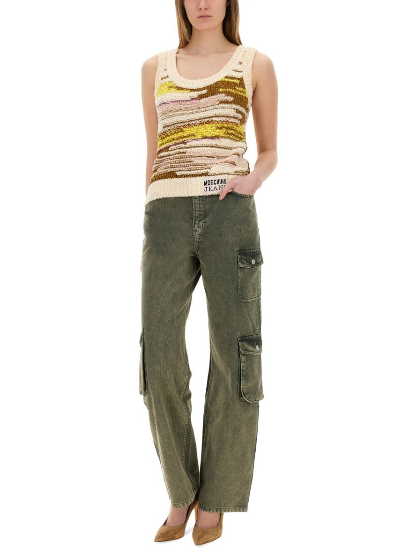 Moschino Textured Multicolor Knit Top With Artistic Stripes