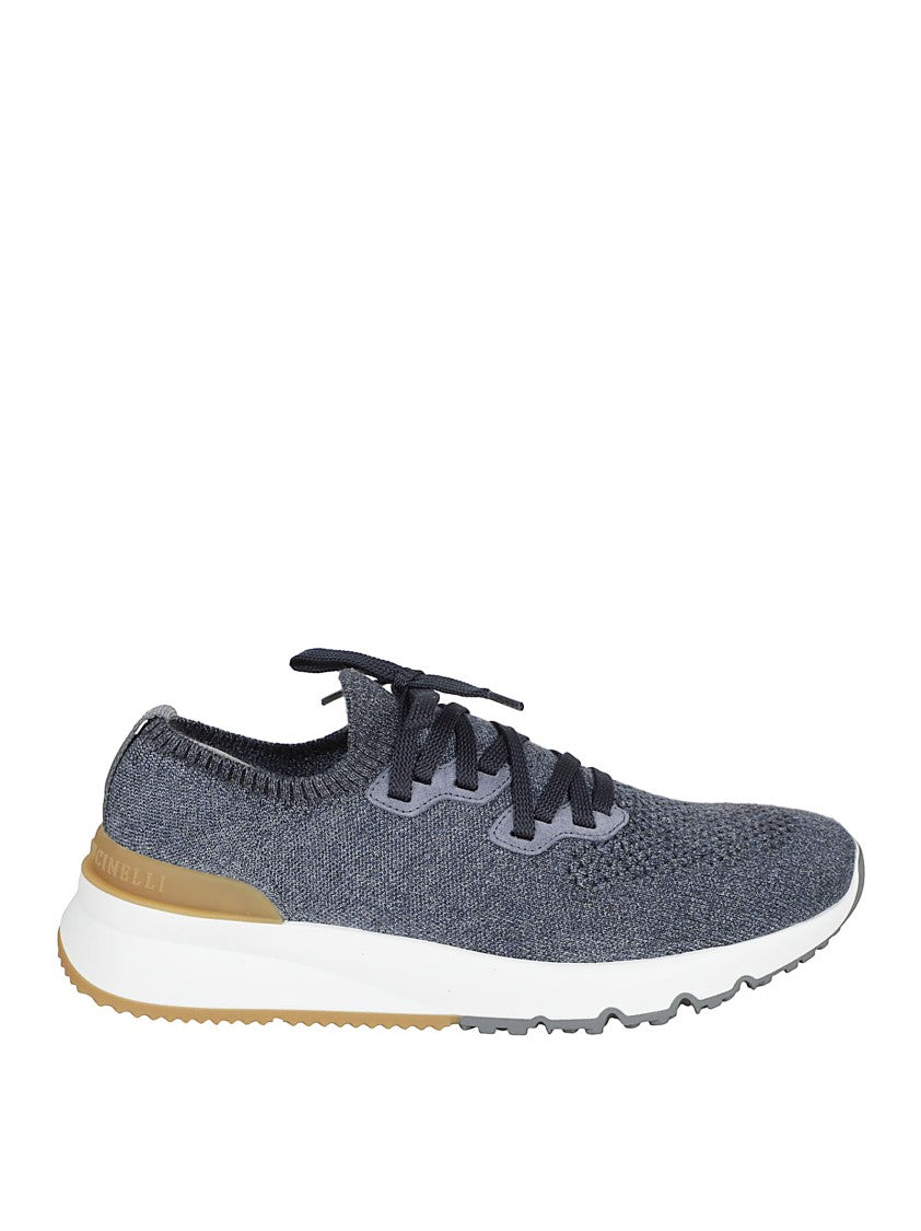 Brunello Cucinelli Deep Blue Stretch-Knit Low-Top Sneakers With Logo Accents
