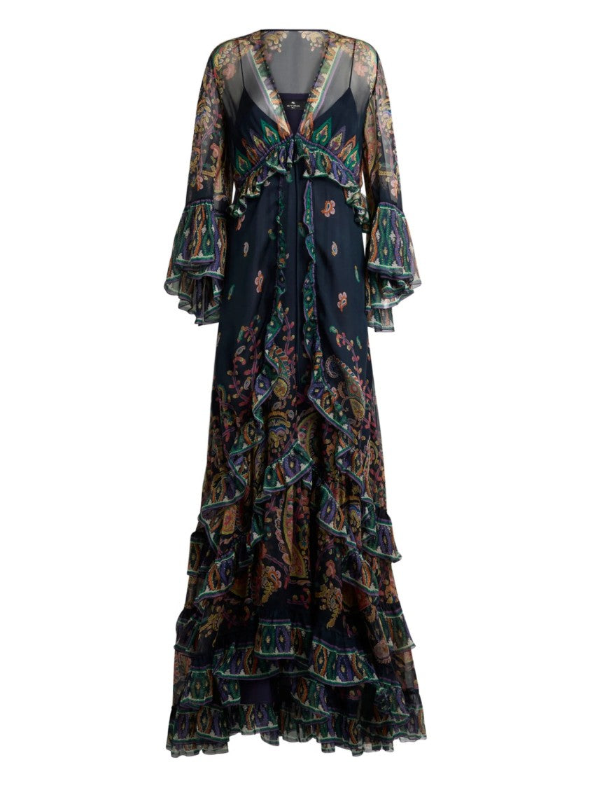 Etro Blue Maxi Flared Paisley Ruffled Dress