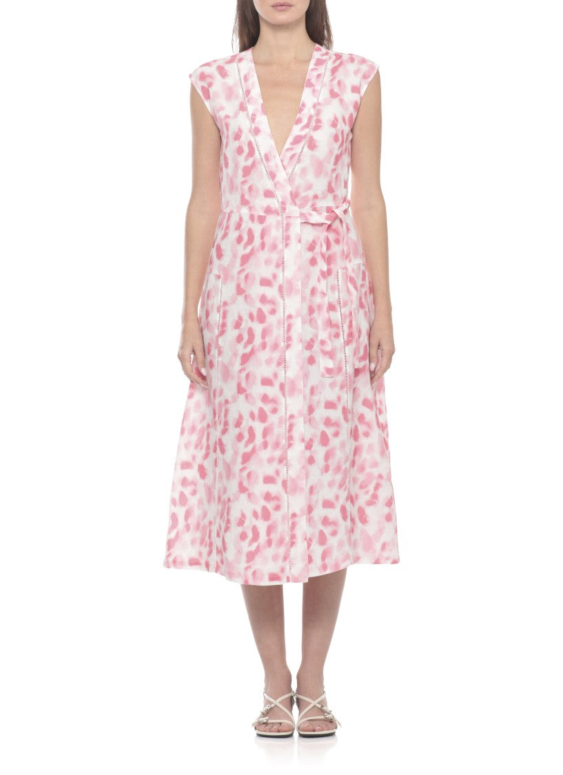 120% Lino V-Neck Linen Midi Dress With Lace Waist Detail