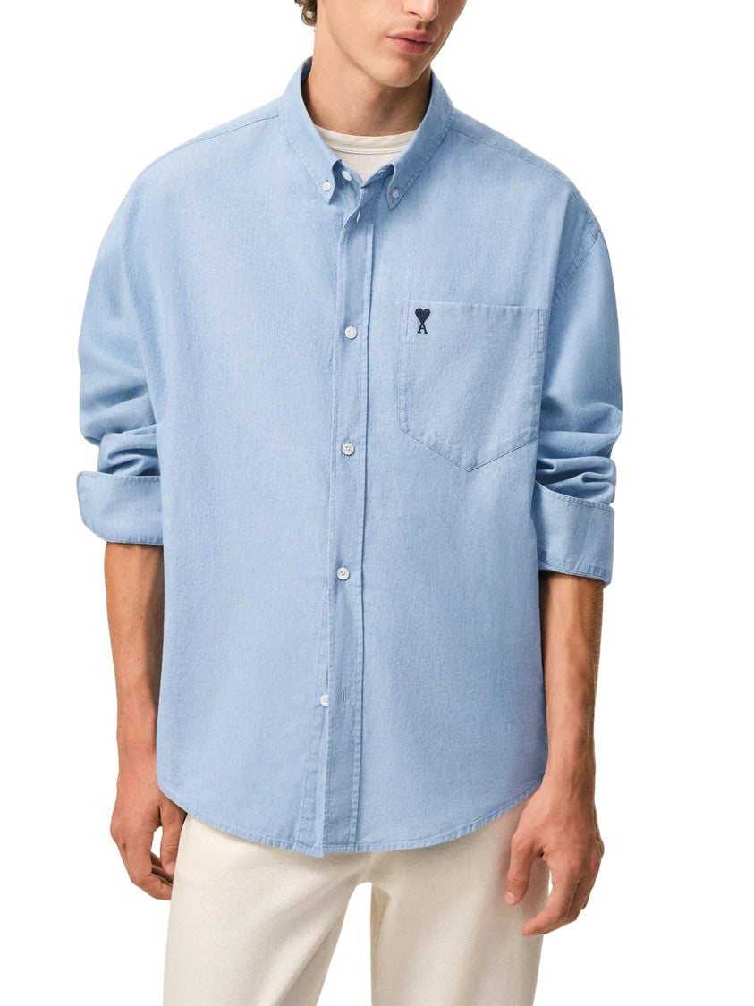 Ami Paris Boxy Relaxed Fit Blue Shirt With Button-Down Collar