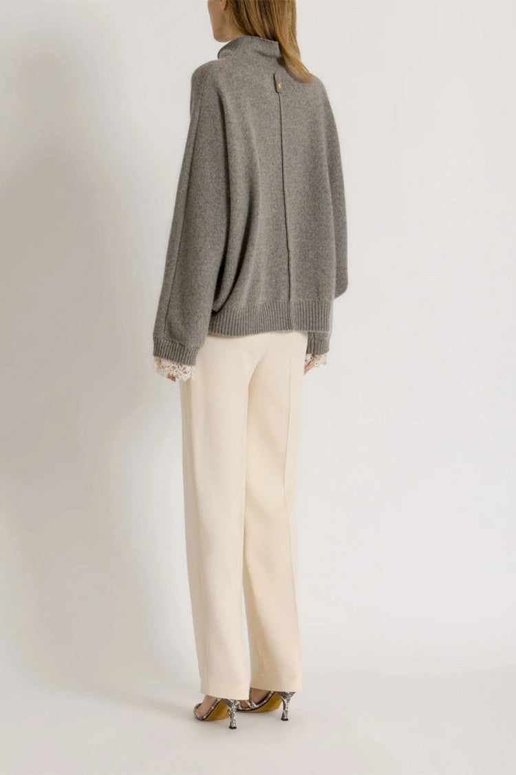 Alberta Ferretti Grey Lace-Trimmed Cuffs Cashmere-Blend Turtleneck Sweater