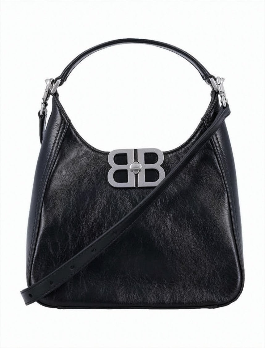 Balenciaga Structured Black Leather Tote Bag With Metallic Double-B Logo