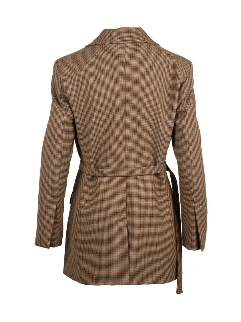 Marella Fitted Brown Wool Jacket With Subtle Checkered Pattern