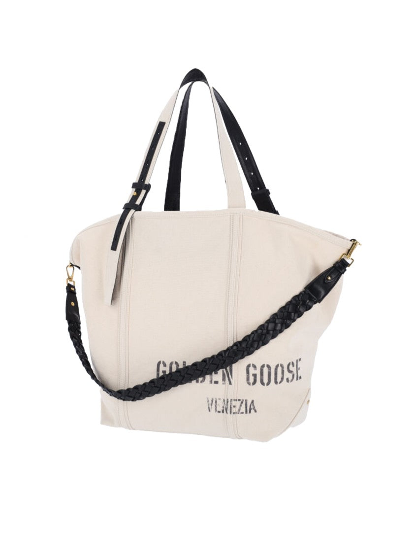 Golden Goose Beige Cotton Tote With Leather Accents