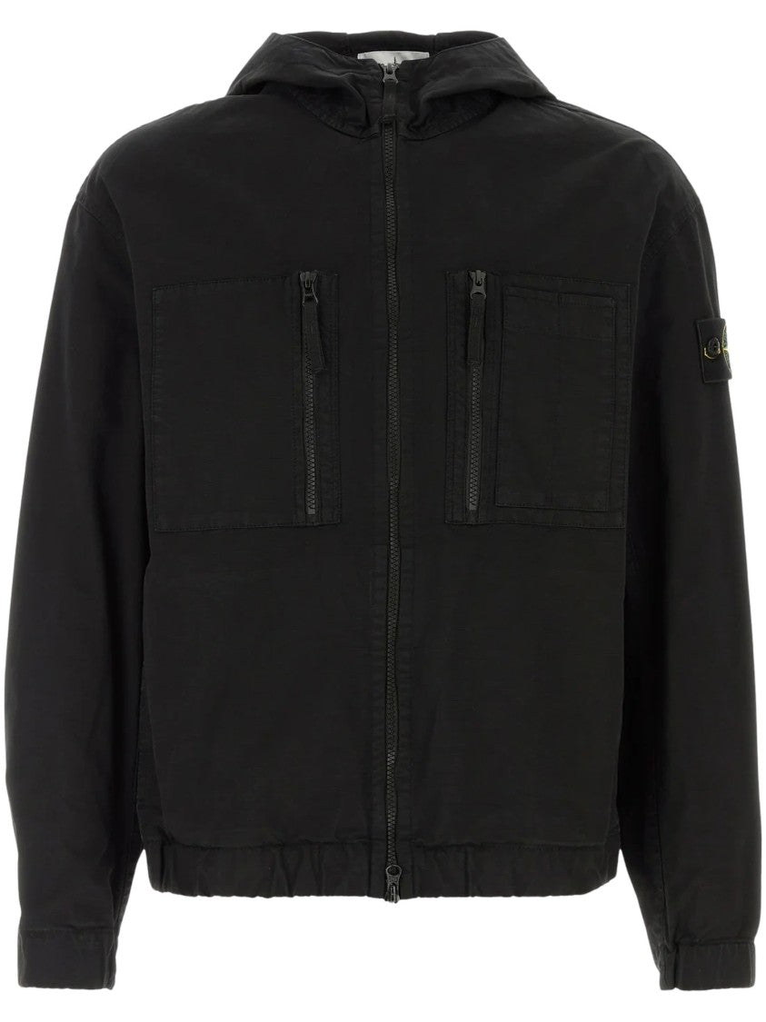 Stone Island Black Hooded Chest-Pocket Zippered Sweatshirt