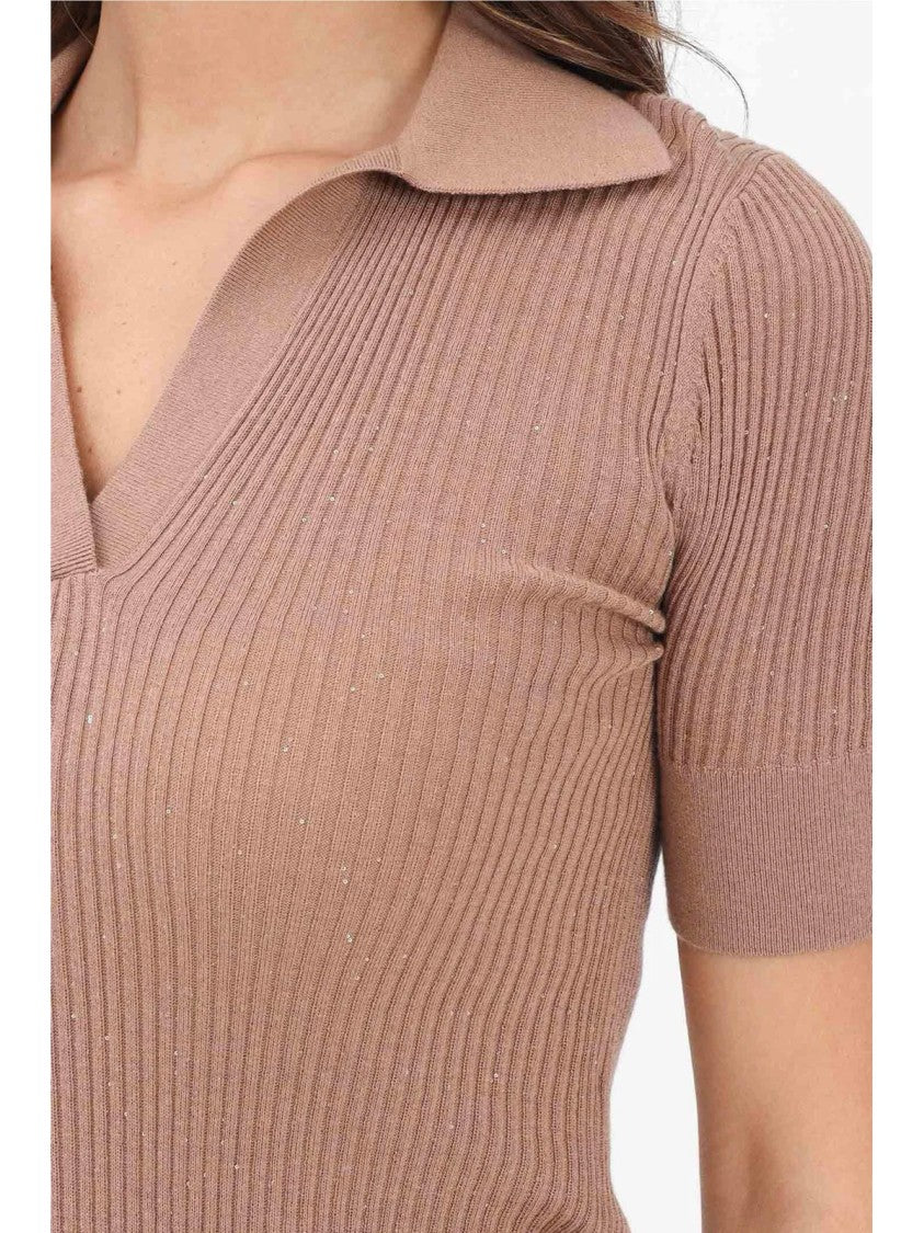 Max Mara Ribbed Knit Brown Sweater With Silk-Wool Blend