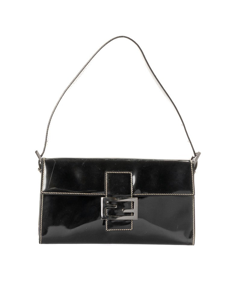 Fendi Baguette Small Vintage Patent Leather Shoulder Bag - Black
