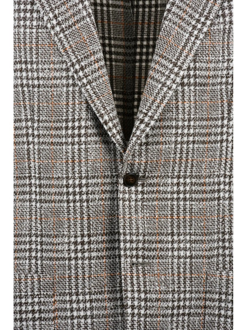 L.B.M. 1911 White Brown Checkered Unlined Cotton-Blend Blazer