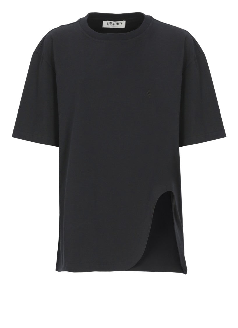 The Attico Black Cotton T-Shirt With Front Embroidered Logo And Side Vent