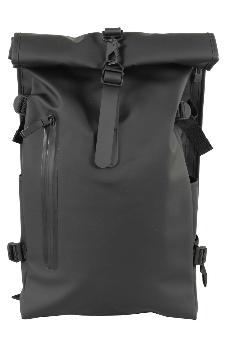Rains Black Rolltop Rucksack Large Padded Back Polyester Backpack