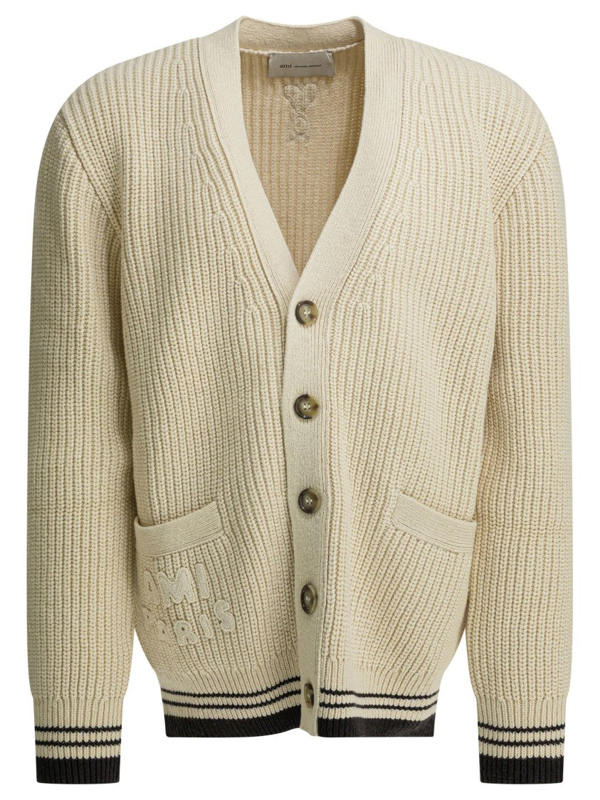 Ami Paris Chunky Ribbed Knit Cardigan With Button-Up Front And Striped Cuffs