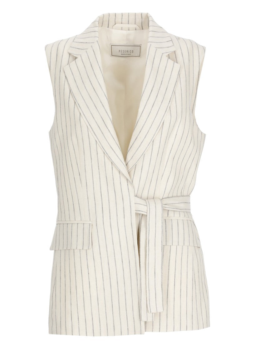 Peserico Beige Striped Linen Drawstring Gilet