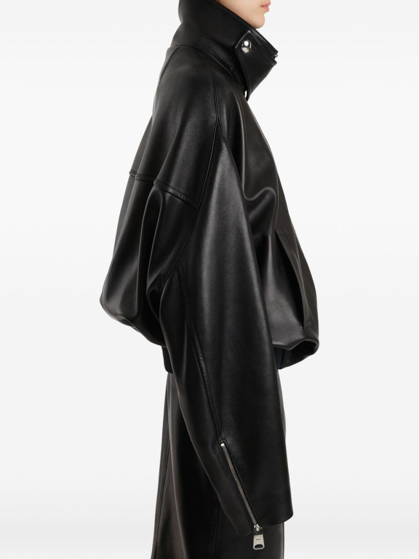 Khaite Black Cupro Silk Twill Stand Collar Coat