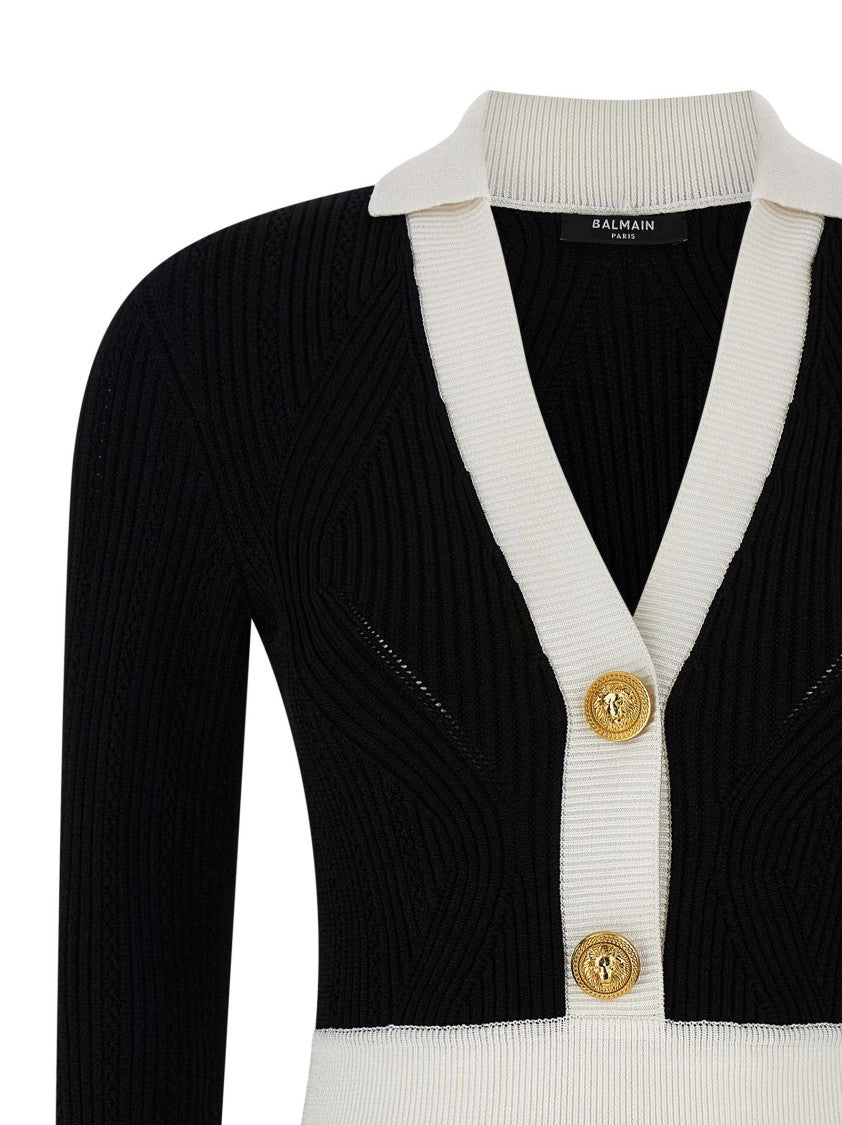 Balmain Two-Tone Stretch Knit Crochet Mini Dress