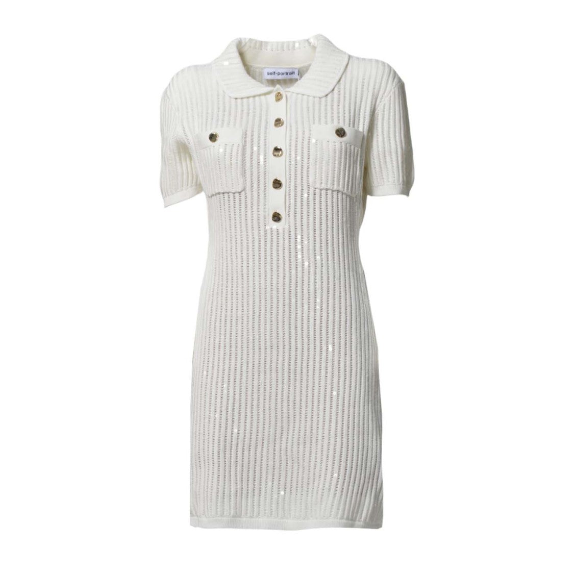 Self-Portrait Ribbed Knit Mini Dress With Button-Down Front And Metallic Details